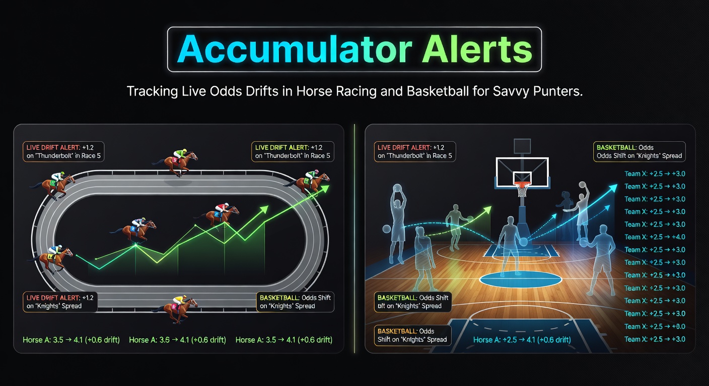 Digital dashboard displaying live accumulator bets with odds drifts highlighted in horse racing and basketball markets, showing real-time alerts for punters.