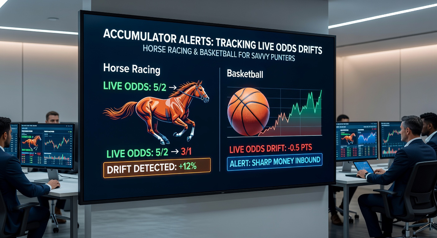 Close-up of a punter's phone screen showing accumulator alert notifications for drifting odds in an NBA game and a live horse race, with graphs illustrating the drift patterns.