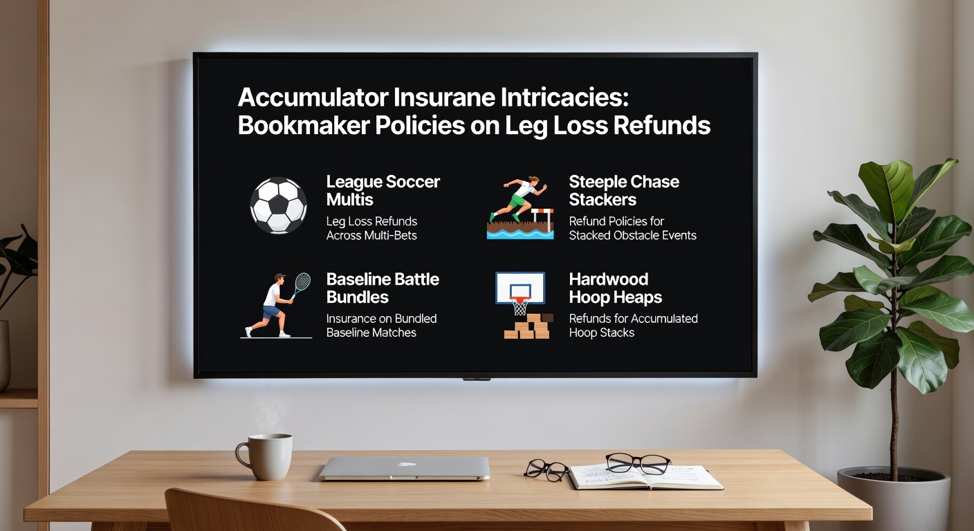 Collage of accumulator bet slips featuring soccer pitches, steeplechase jumps, tennis baselines, and basketball hoops with insurance refund icons overlaid