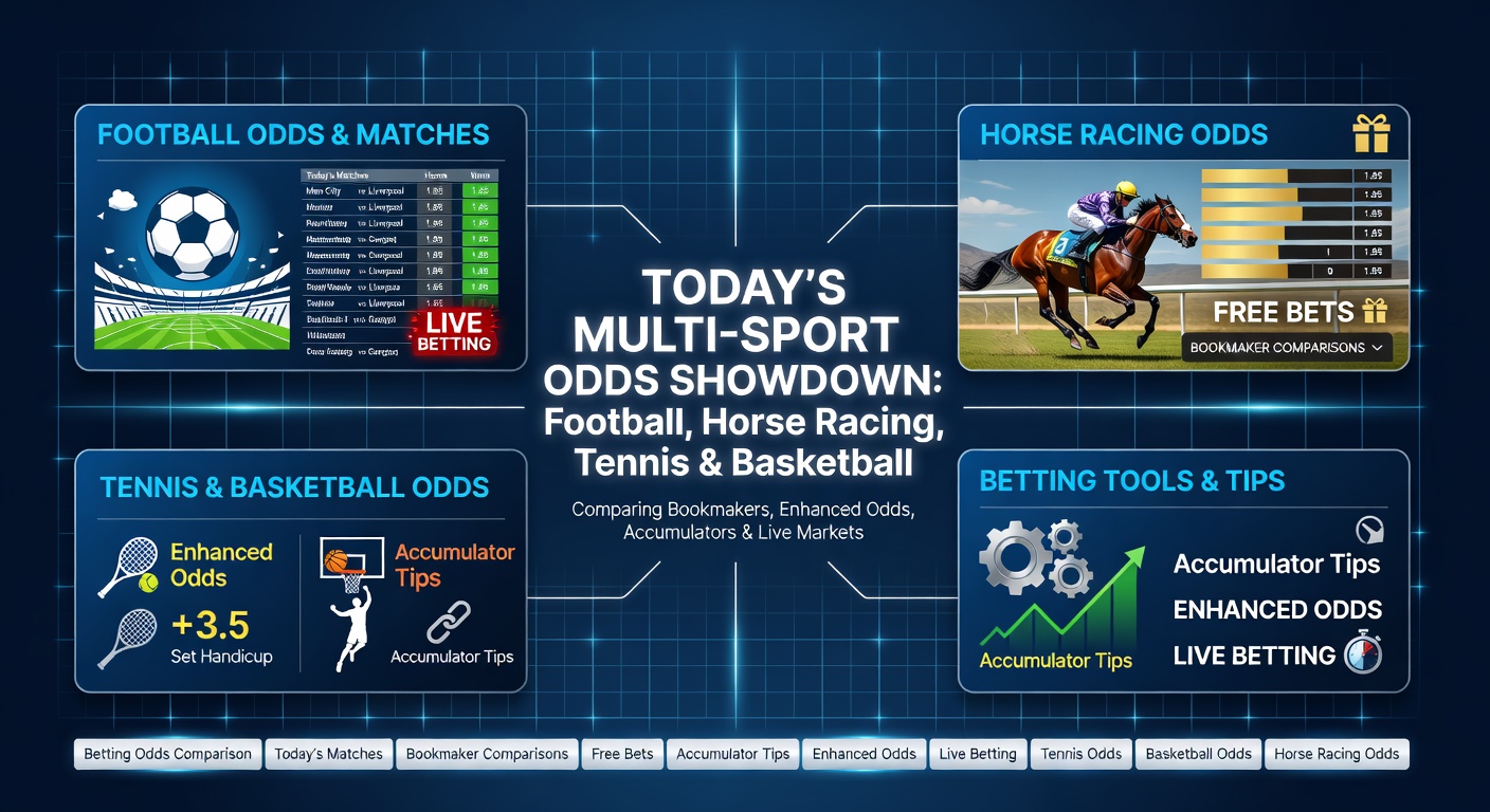 Collage of Premier League action, horse racing at Lingfield, Monte Carlo Masters tennis rally, and NBA playoff intensity highlighting bookmaker odds screens