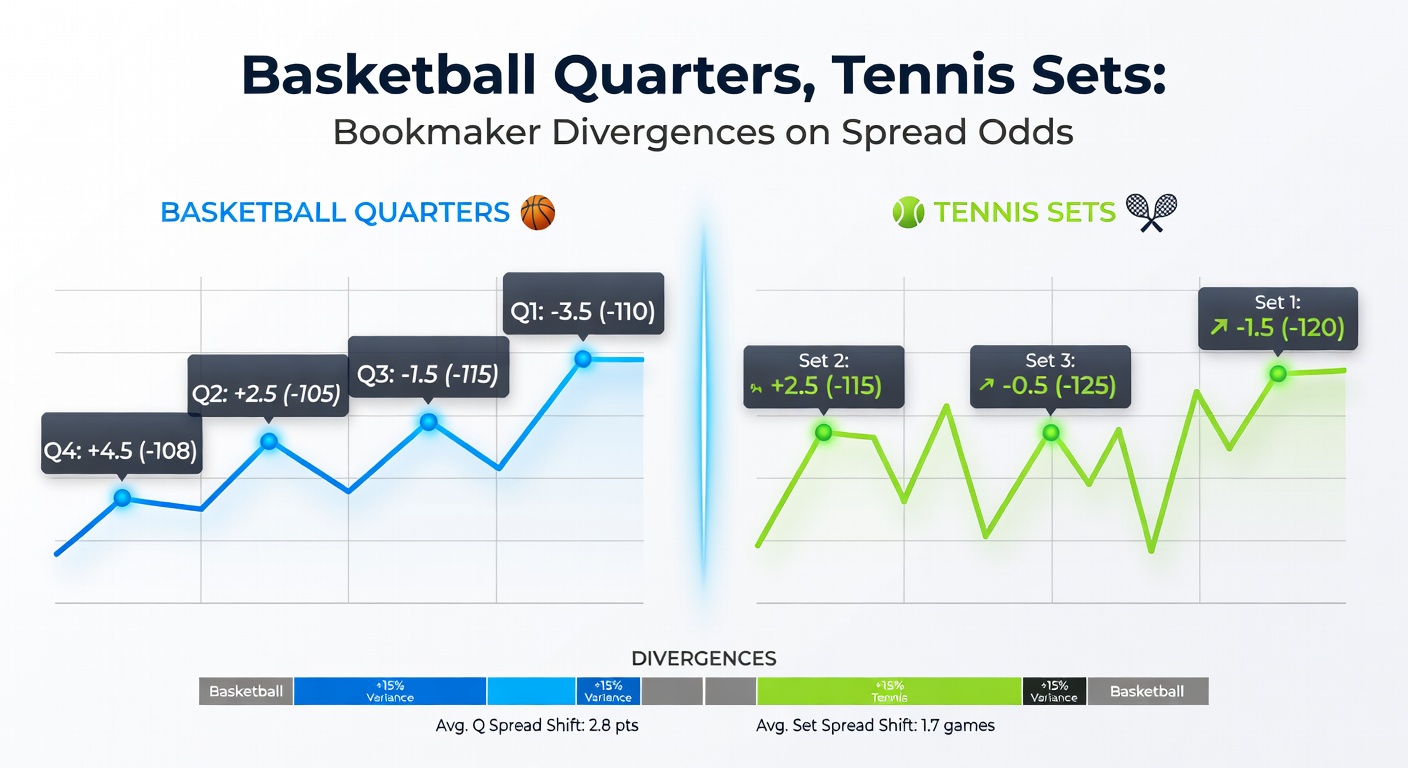 Graph showing diverging spread odds lines for NBA basketball quarters across multiple bookmakers, highlighting variance in first-quarter totals