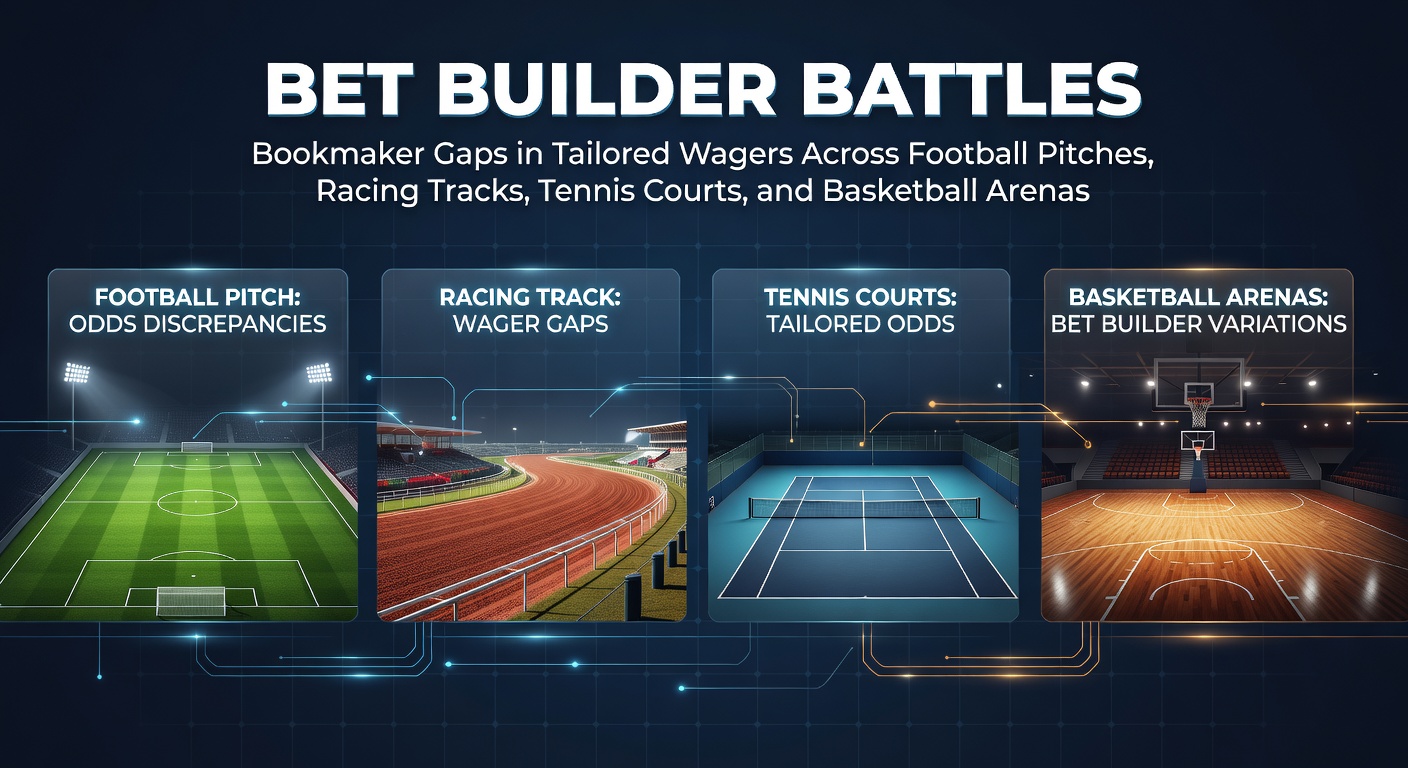 Collage showing football pitch action, horse racing track sprint, tennis rally on court, and basketball dunk in arena, highlighting bet builder options overlaid
