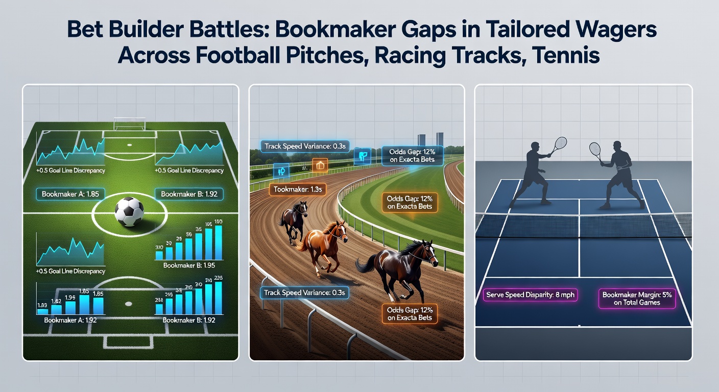 Dynamic split image of a horse race photo finish, tennis player serving, basketball player driving to hoop, and football corner kick setup, with bet builder odds overlays