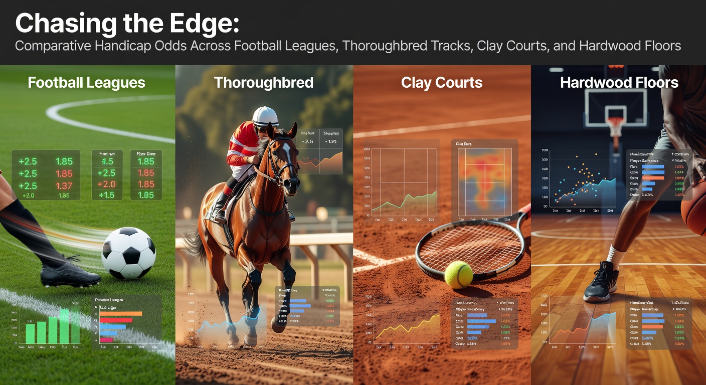 Colorful chart comparing handicap odds lines across football, horse racing, tennis, and basketball markets, highlighting key divergences in early March lines