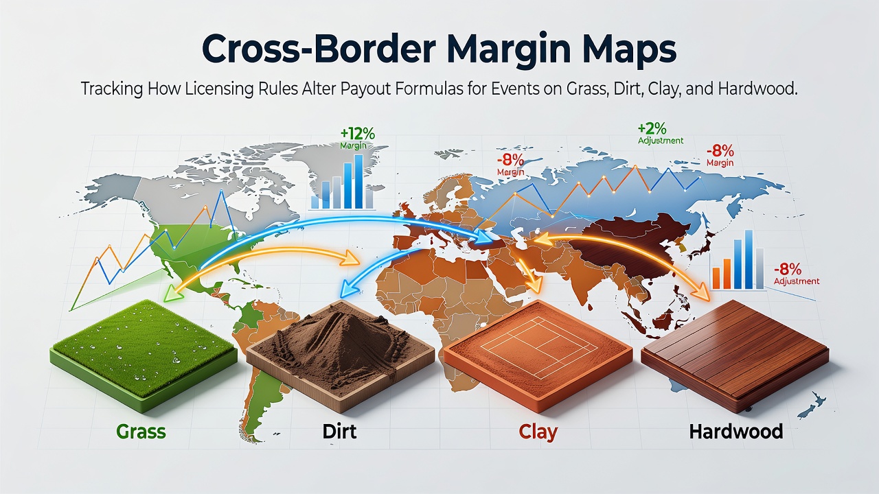 Cross-border margin maps showing licensing impacts on betting payouts for grass, dirt, clay and hardwood events