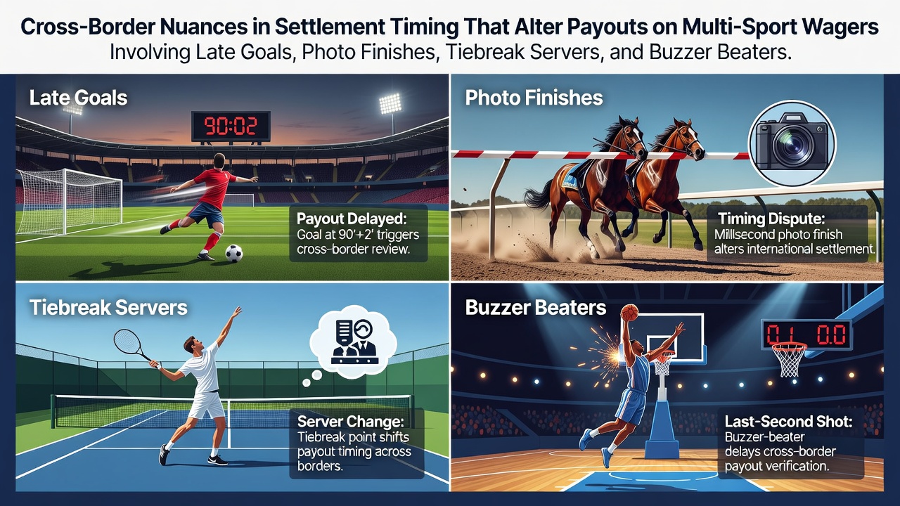 Illustration of cross-border betting settlement processes for late sports events including goals, finishes, and buzzer beaters