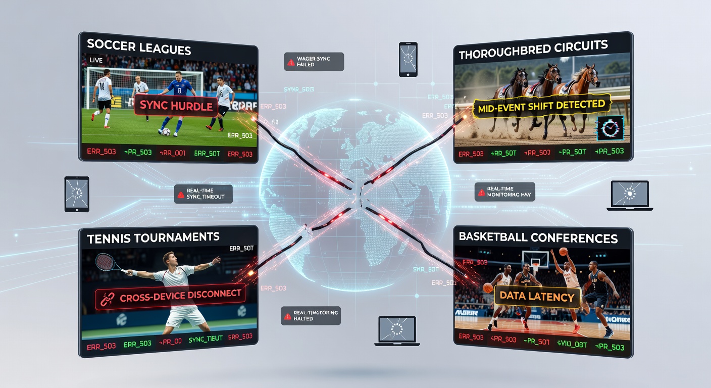 Illustration of multiple devices showing synchronized betting interfaces for soccer, horse racing, tennis, and basketball events