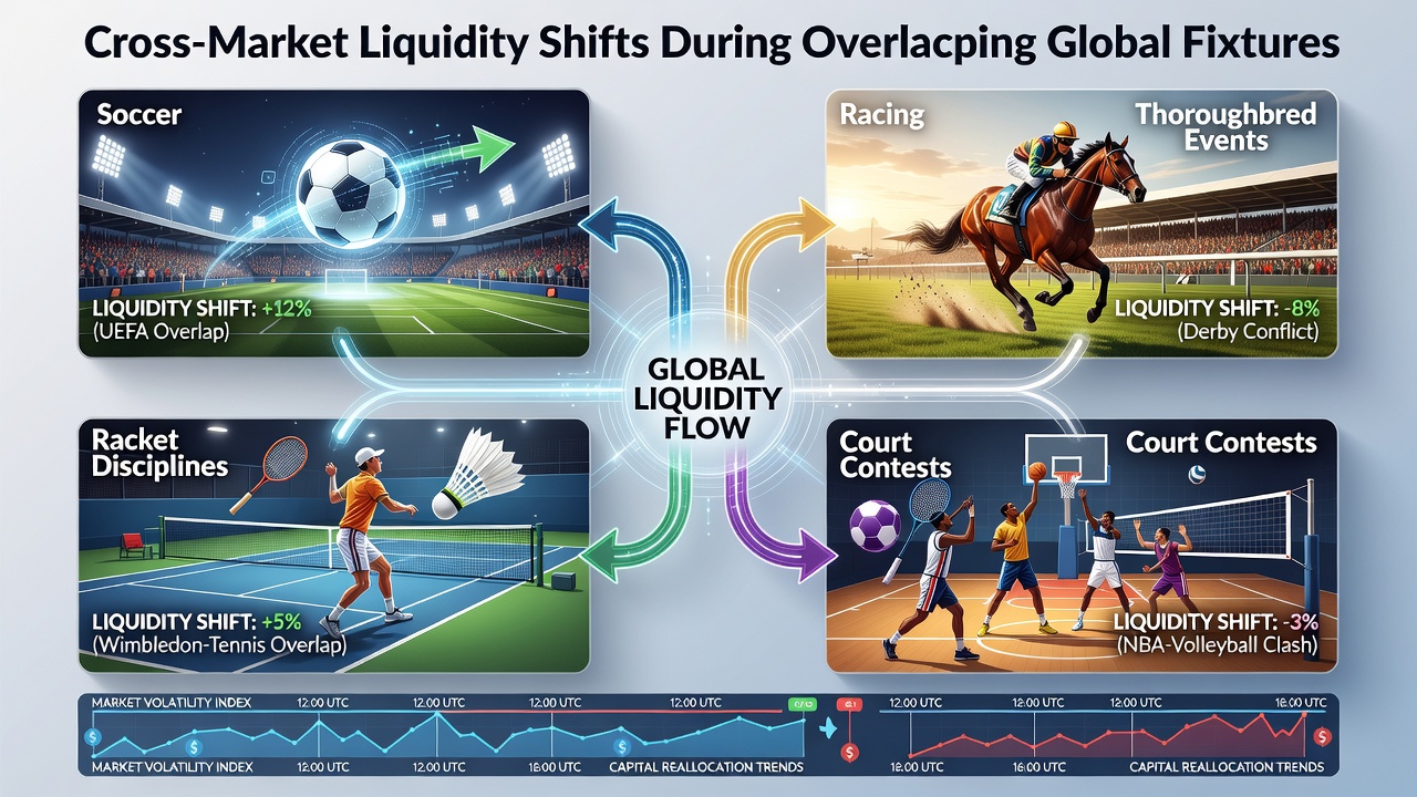 Global sports fixtures overlapping across soccer pitches, racing tracks, tennis courts and basketball arenas wth liquidity indicators shown