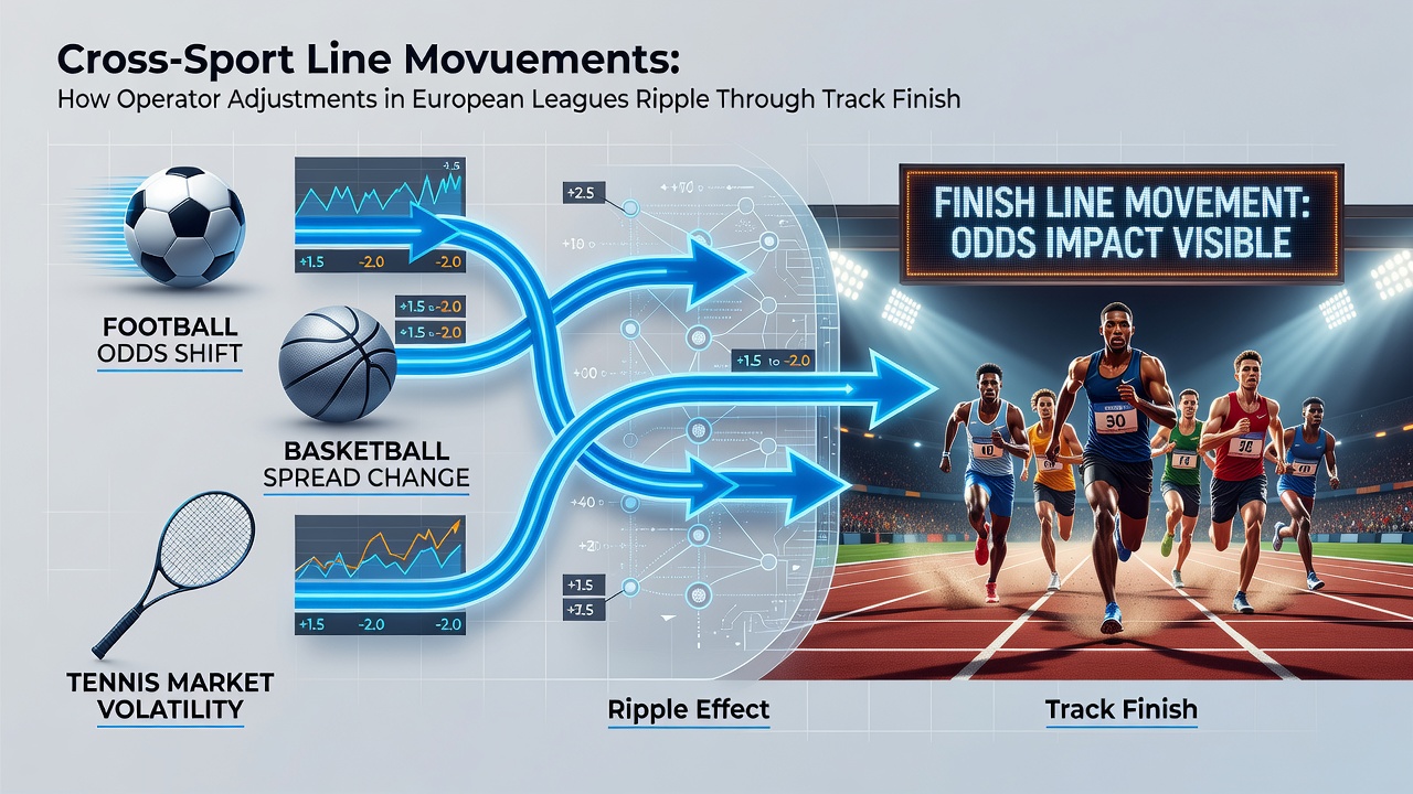 Tennis court and basketball arena with interconnected betting line charts showing cross-sport movements