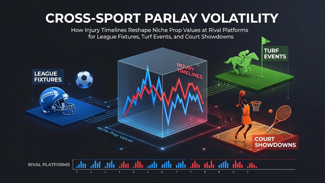 Visual representation of cross-sport parlay volatility showing injury timelines affecting prop bet values across multiple betting platforms