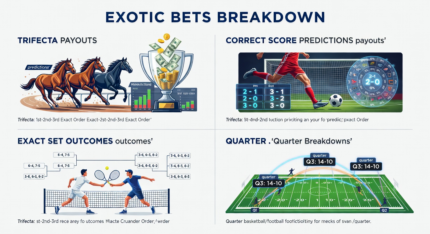 Close-up comparison of bookmaker odds tables for trifecta horses, soccer correct scores, tennis set predictions, and basketball quarter totals during a live betting event