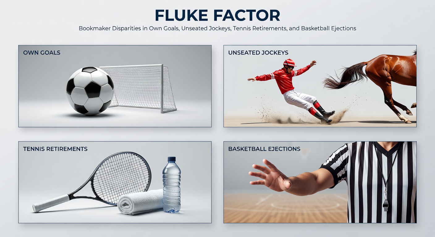 Collage showing a soccer own goal, a jockey falling off a horse, a tennis player retiring mid-match, and a basketball player being ejected from the court, highlighting fluke betting markets