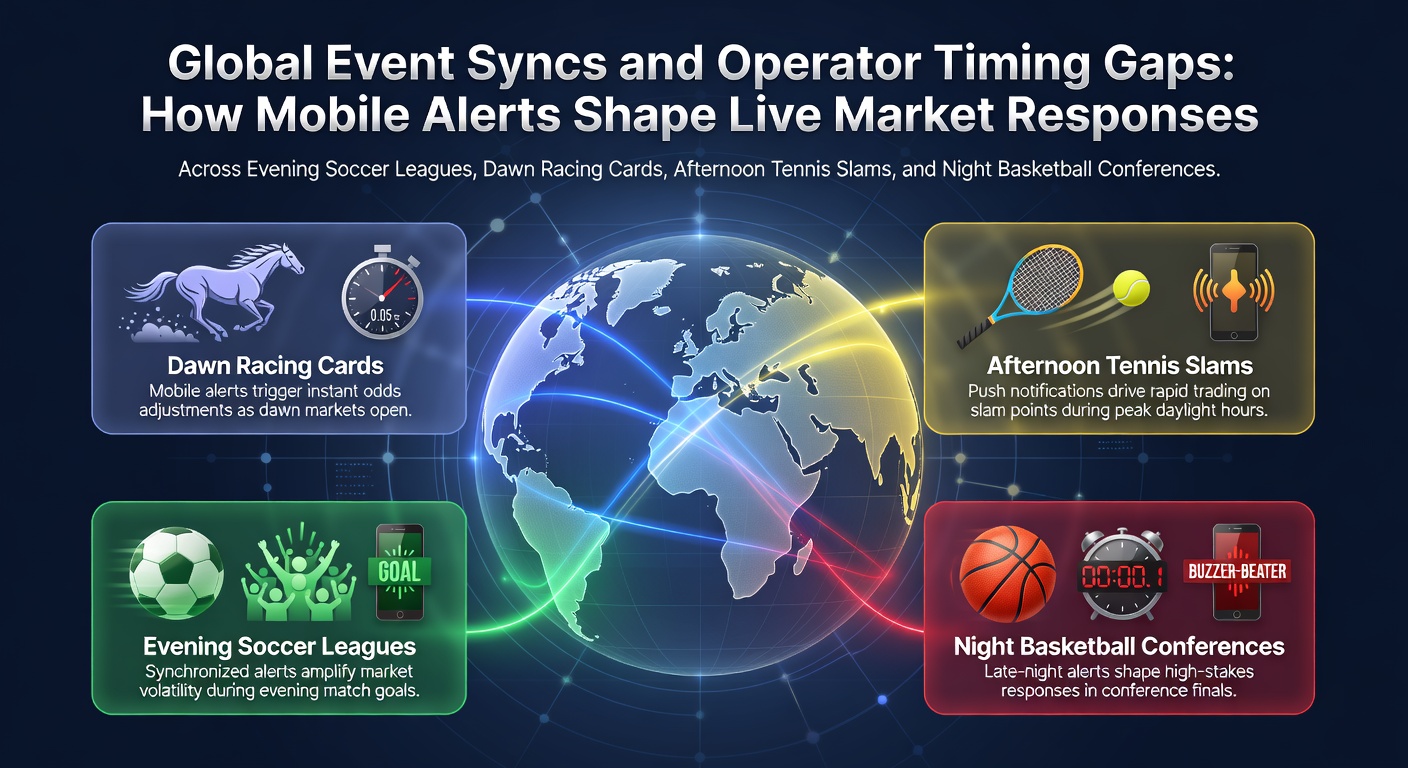 Illustration of global sports events synchronized through mobile alerts across different time zones and leagues