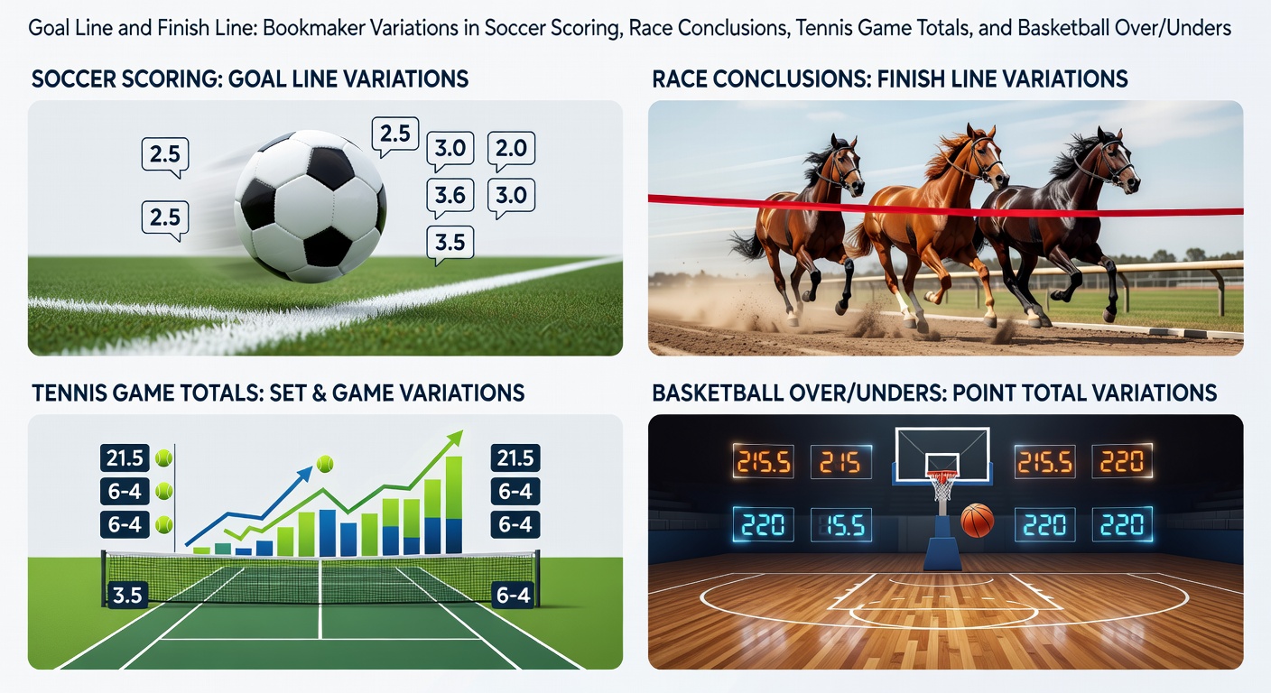 Bookmakers displaying varied odds on soccer goal lines and basketball over/unders during a live match