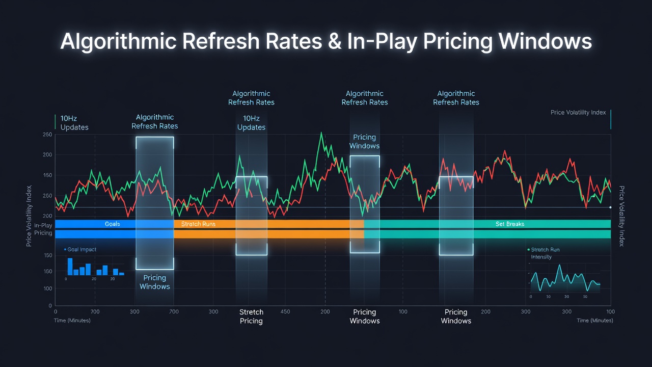 Chart comparing refresh intervals for tennis set breaks and basketball quarter scoring bursts at multiple betting operators