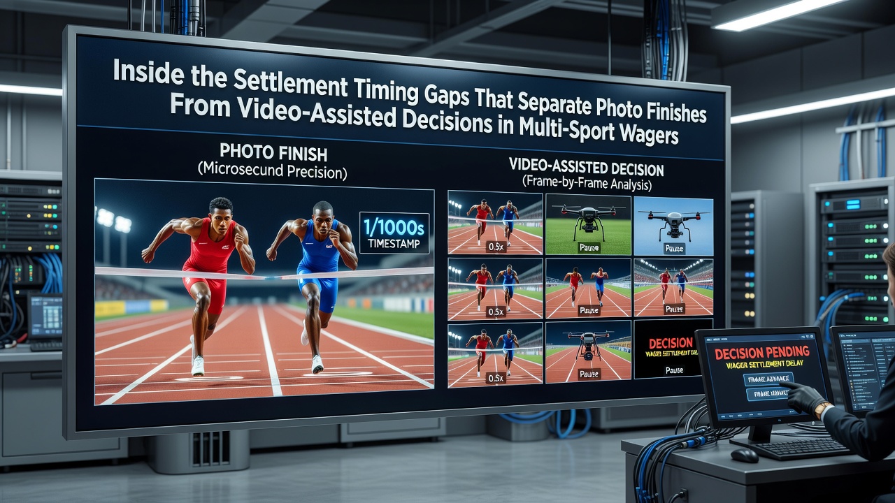 Close-up view of a horse racing photo finish camera system capturing the exact moment horses cross the line, with betting terminals visible in the background