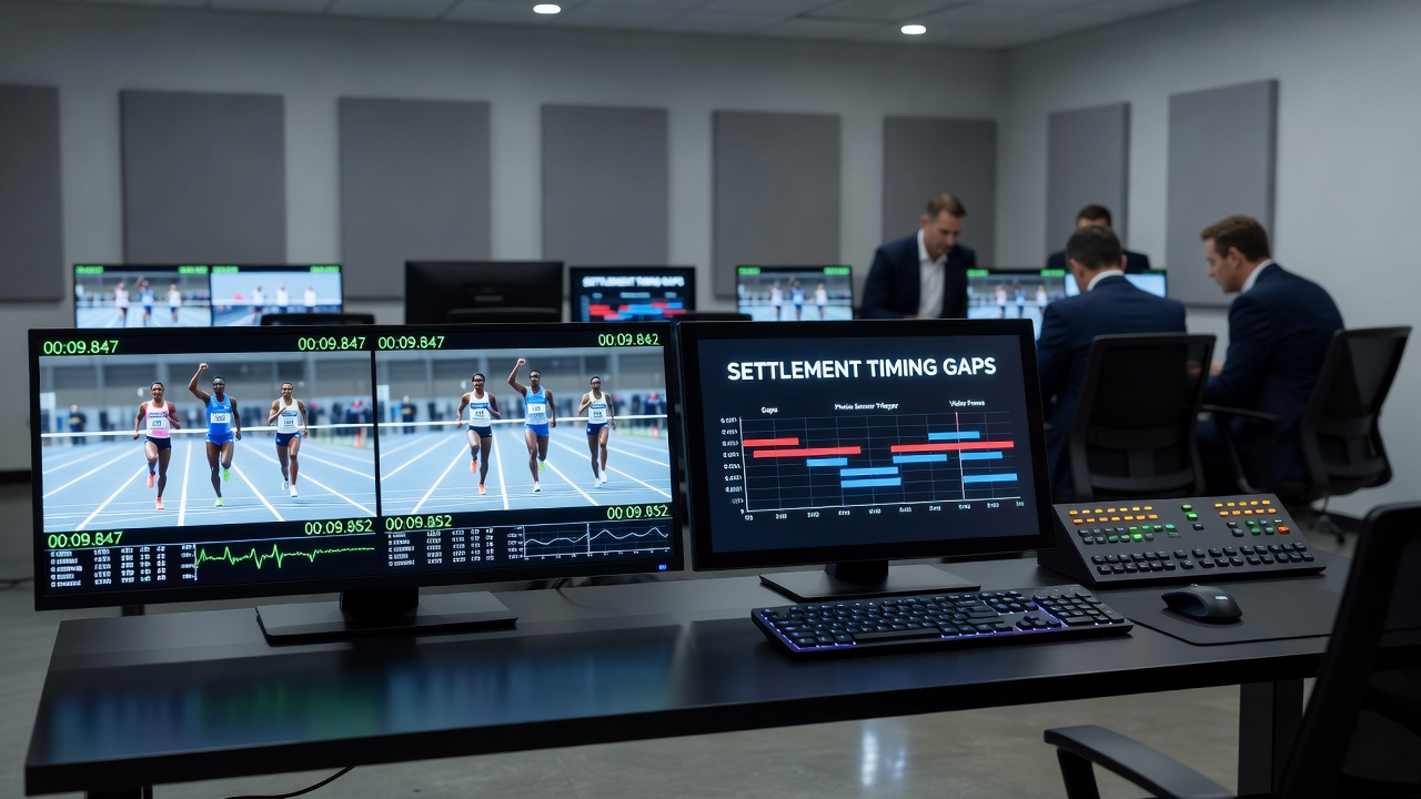 Split-screen comparison showing a horse racing finish line camera feed alongside a soccer VAR review monitor in a bookmaker control room
