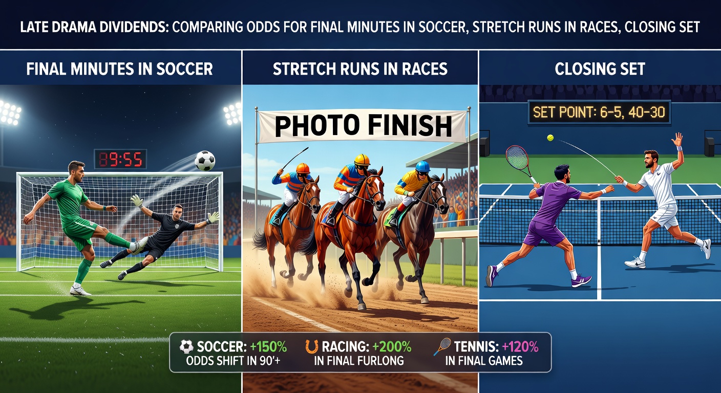 Dynamic graphic capturing tense final moments across soccer pitches, racetracks, tennis courts, and basketball arenas, with fluctuating odds overlays highlighting bookmaker variations