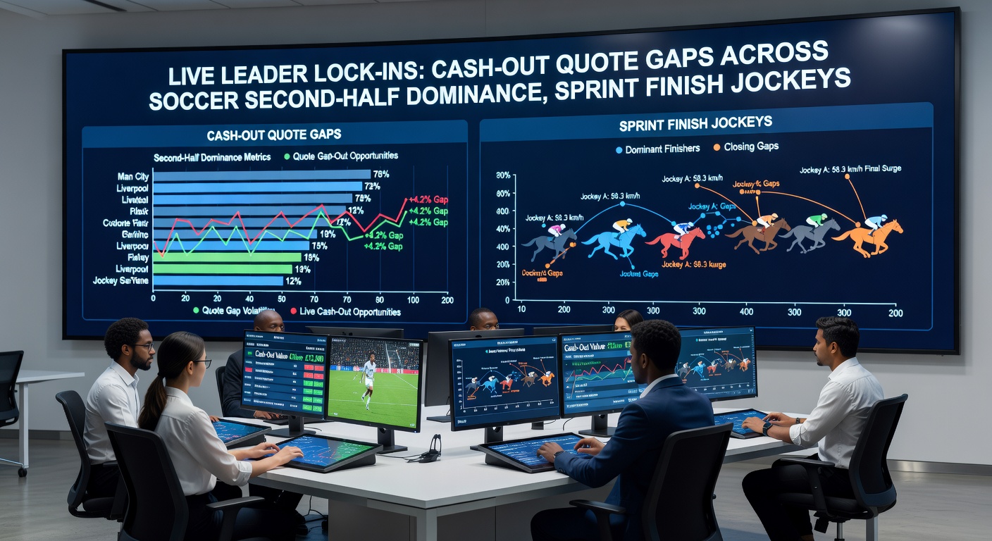 Horse racing sprint finish with jockeys neck-and-neck, overlaid with live cash-out quote comparisons from various bookmakers
