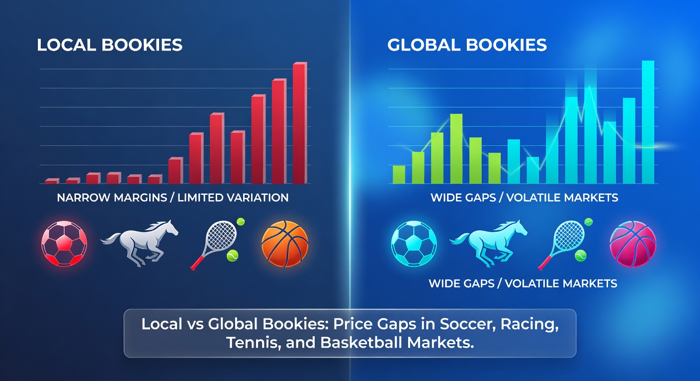 Close-up of a horse race finish with overlaid odds comparisons from local and global bookmakers