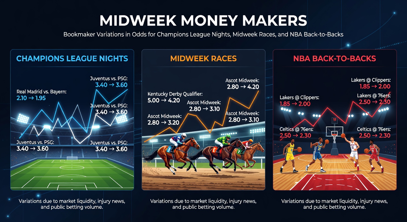 Dynamic odds boards displaying variations across bookmakers for midweek Champions League, horse races, and NBA games