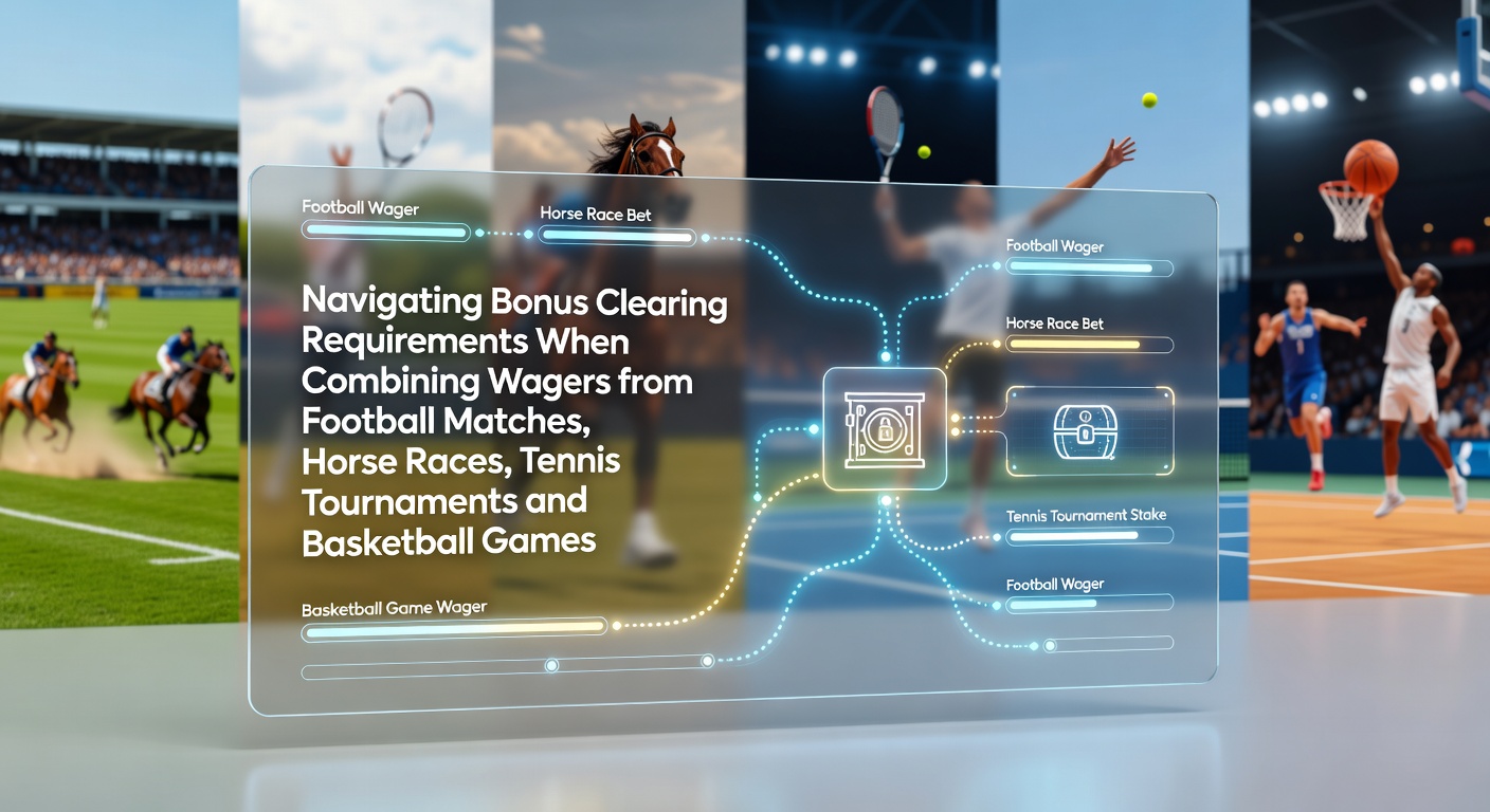 A split-screen view showing a football match on one side and a horse race on the other with bonus tracking interfaces overlaid on betting slips