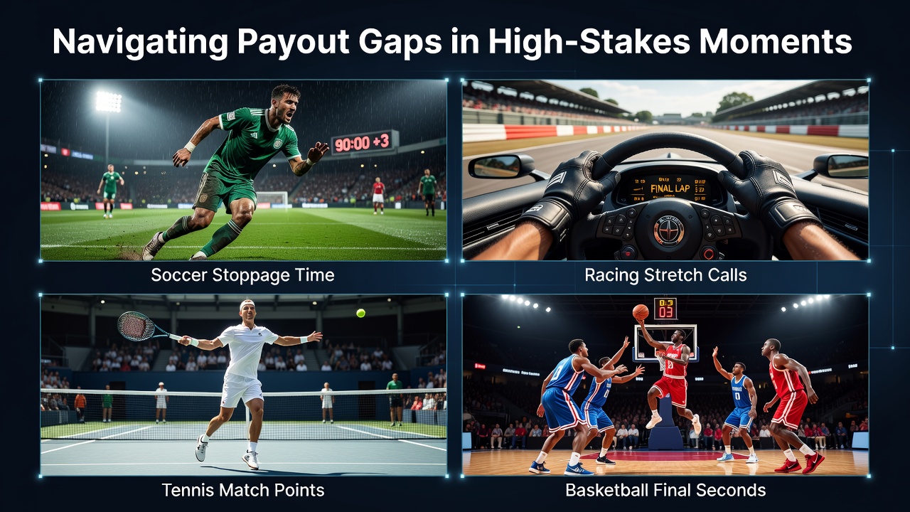 High-stakes sports moments including soccer stoppage time and racing stretch runs
