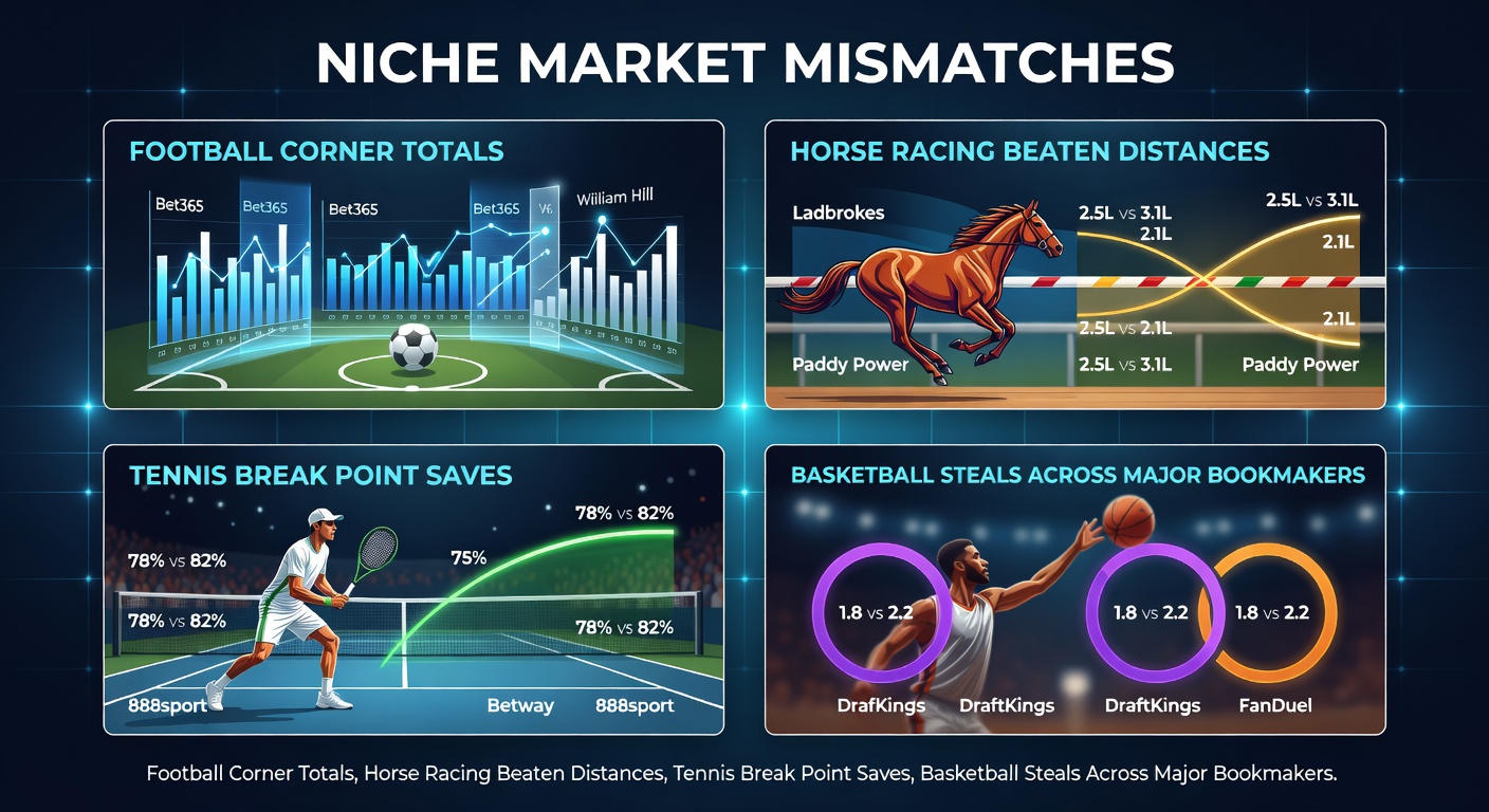 Visual representation of odds charts comparing niche betting markets across football corners, horse racing distances, tennis breaks, and basketball steals
