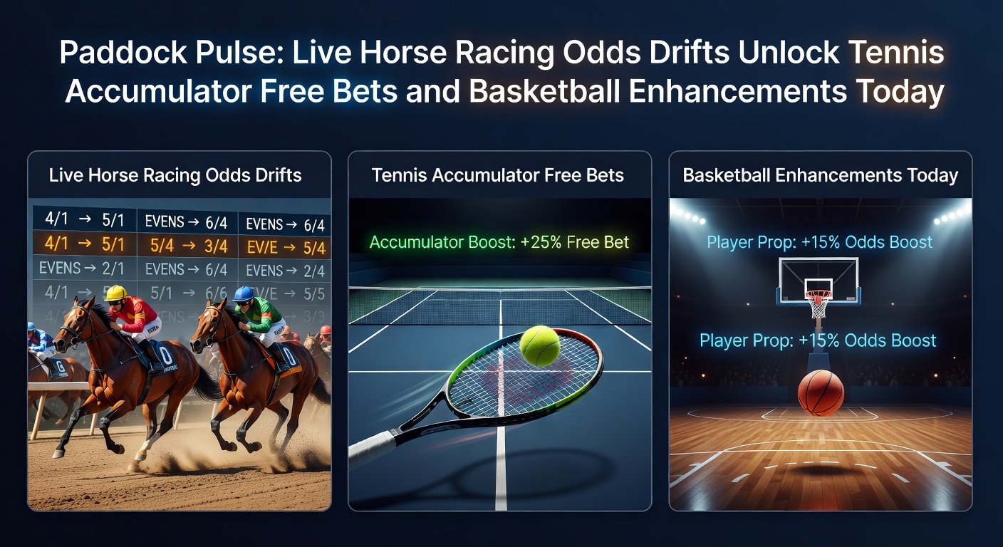 Horse racing paddock scene with overlaid live odds drifting on digital display, highlighting key runners before the off