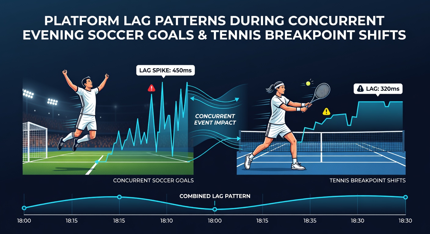 Illustration of betting platform interfaces showing delayed updates during simultaneous soccer goal and tennis breakpoint moments