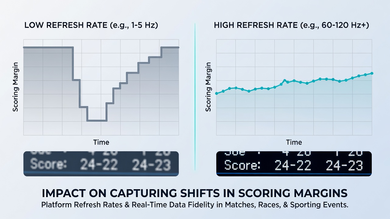 Comparison chart of refresh rate performance during live scoring margin changes in tennis sets and basketball quarters