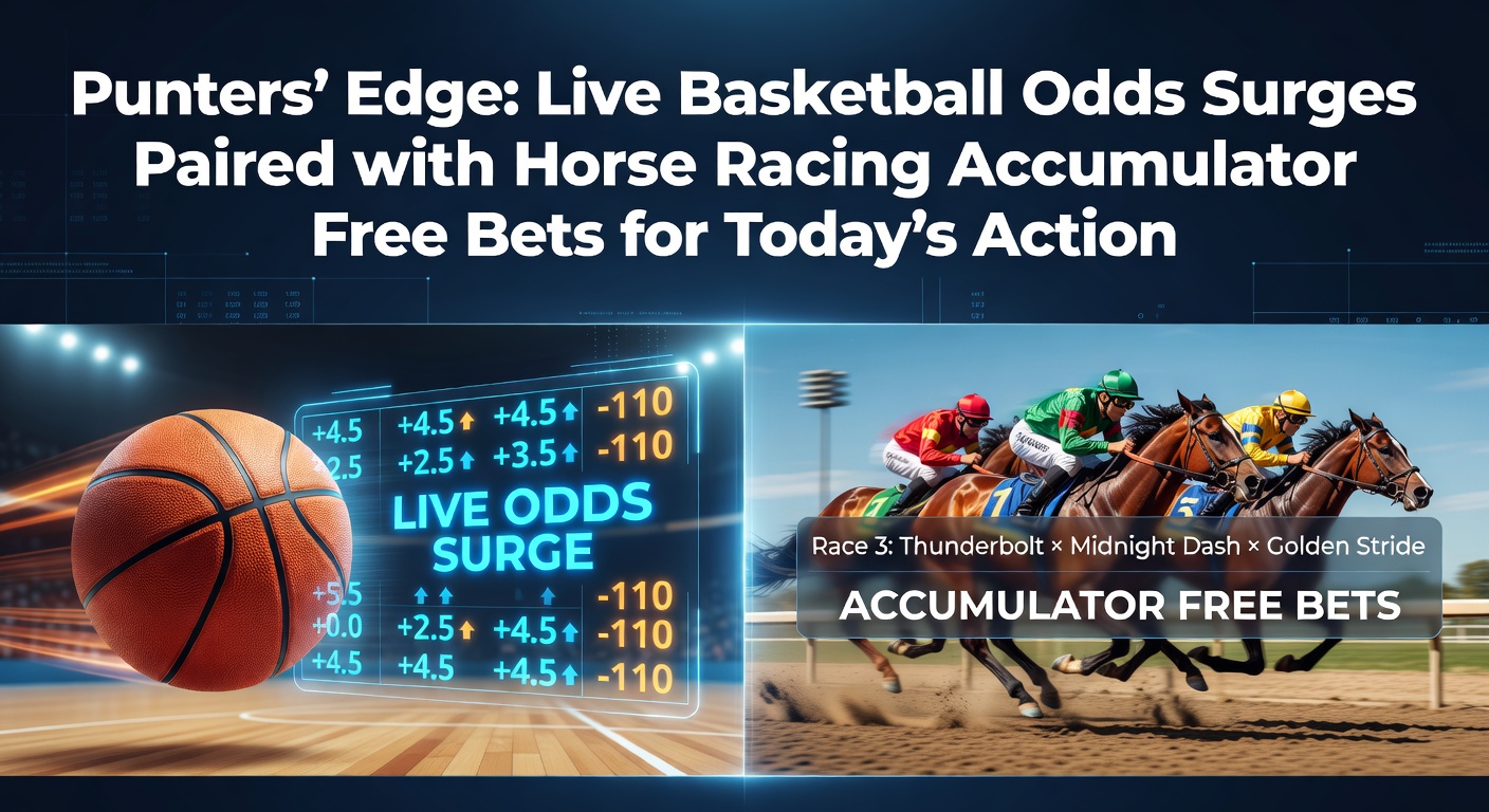 Dynamic display of live basketball odds shifting on screens alongside horse racing accumulator bet slips, capturing the thrill of in-play action