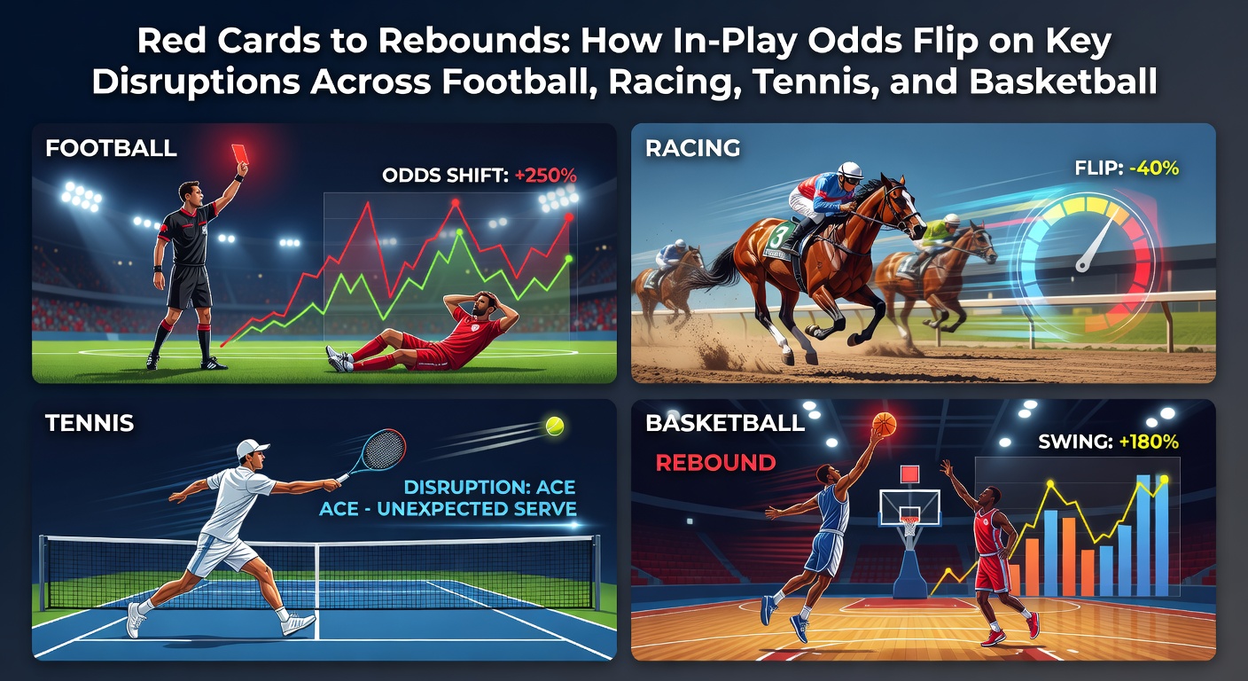 Dynamic in-play betting screen showing odds shifting after a red card in football, with graphs illustrating rapid changes across multiple sports