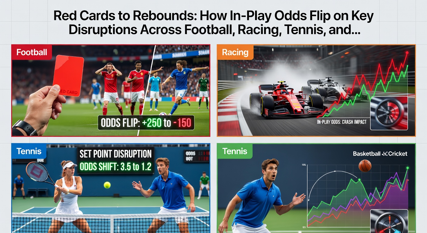 Close-up of a horse racing photo finish with overlaid odds graphs showing dramatic shifts after a leader's stumble, alongside tennis and basketball disruption visuals