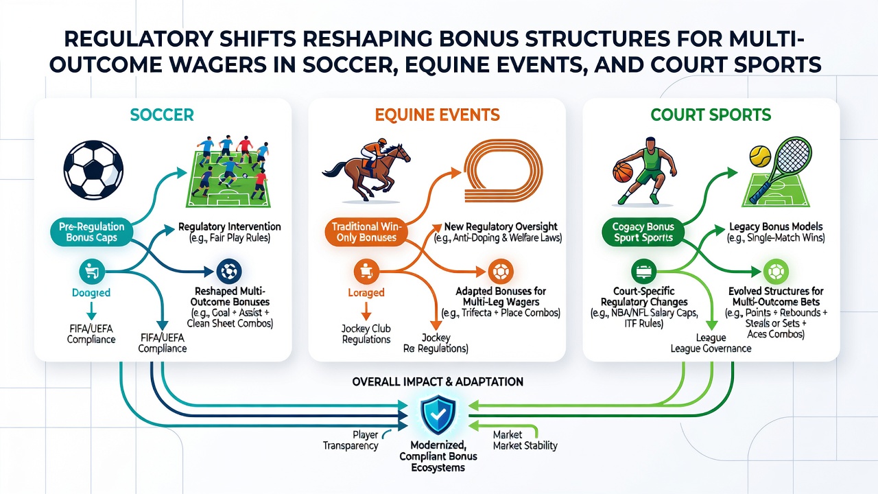 Regulatory documents and betting interfaces showing changes to multi-outcome wager bonuses in soccer and horse racing