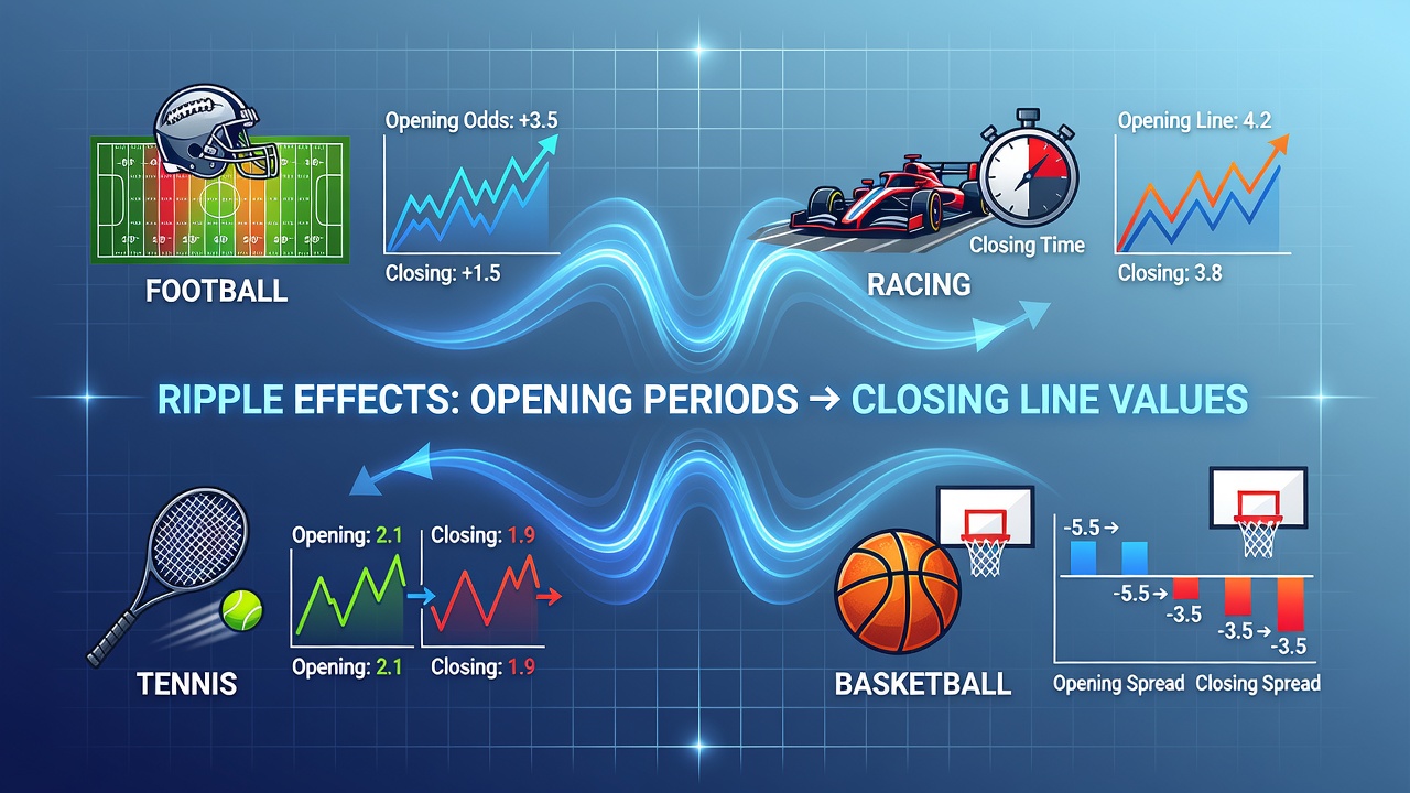 Visual representation of opening odds periods transitioning into closing line values across multiple sports