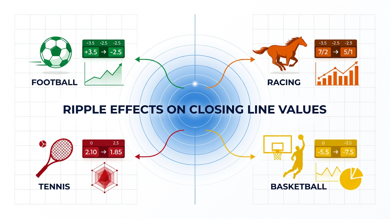 Comparative chart showing line movement patterns from opening to closing across football, racing, tennis, and basketball