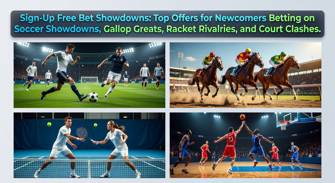 Vibrant stadium lights illuminating soccer players in action, with overlaid graphics showing free bet promotions from top bookmakers