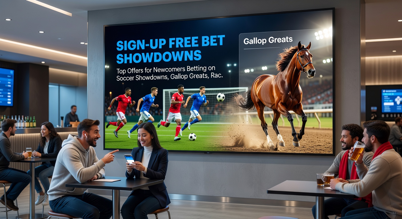 Horse racing scene with thundering hooves on a turf track under sunny skies, highlighted free bet icons floating above jockeys in mid-gallop