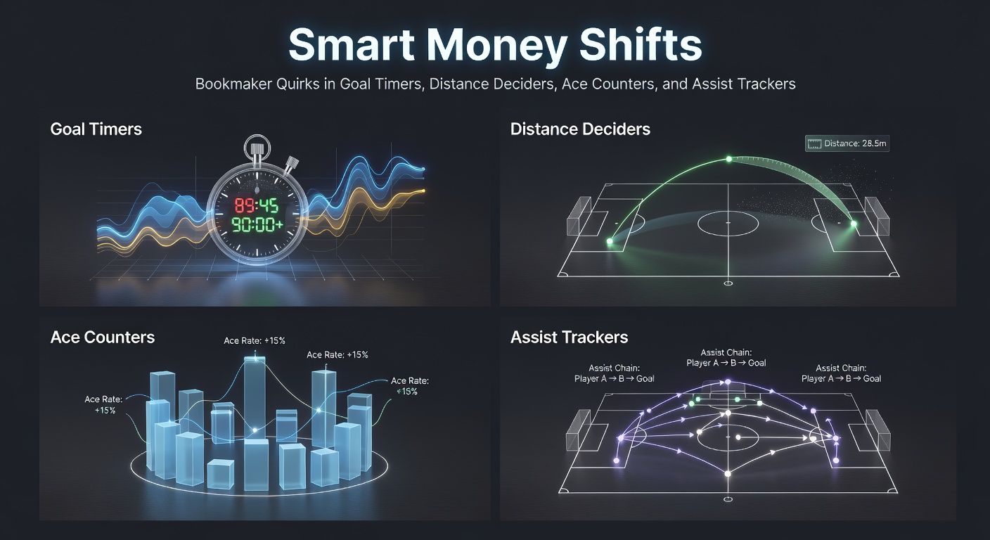 Digital display showing real-time odds shifts for goal timers and ace counters across multiple bookmaker apps during a live soccer match