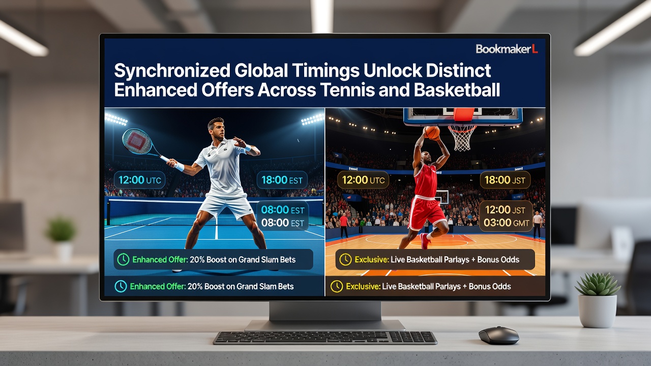 Bookmaker interfaces displaying enhanced tennis and basketball betting lines during synchronized global timing events