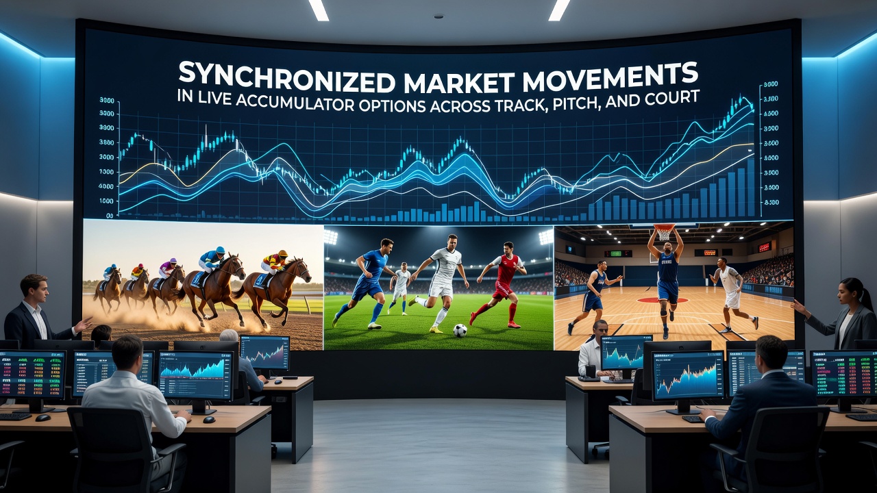 Chart showing synchronized odds movements across horse racing, football, and tennis accumulator markets during live events