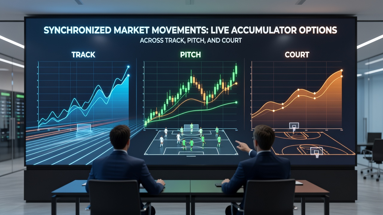 Live dashboard displaying coordinated accumulator price changes for racing, soccer, and basketball selections