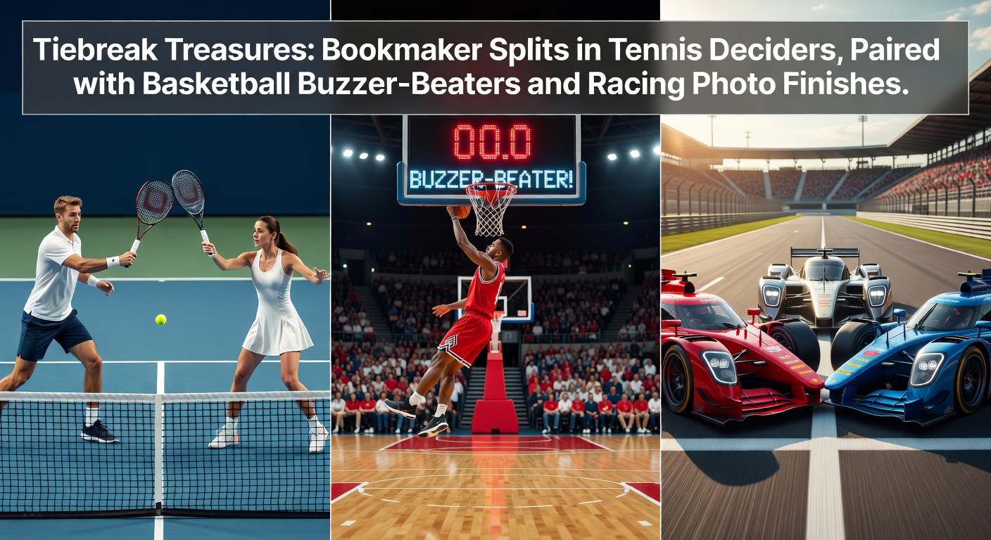 Intense tennis tiebreak moment with players lunging for the ball under stadium lights