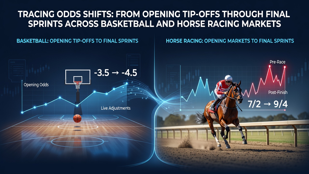 Odds movement charts showing basketball and horse racing market shifts from opening lines to final sprints