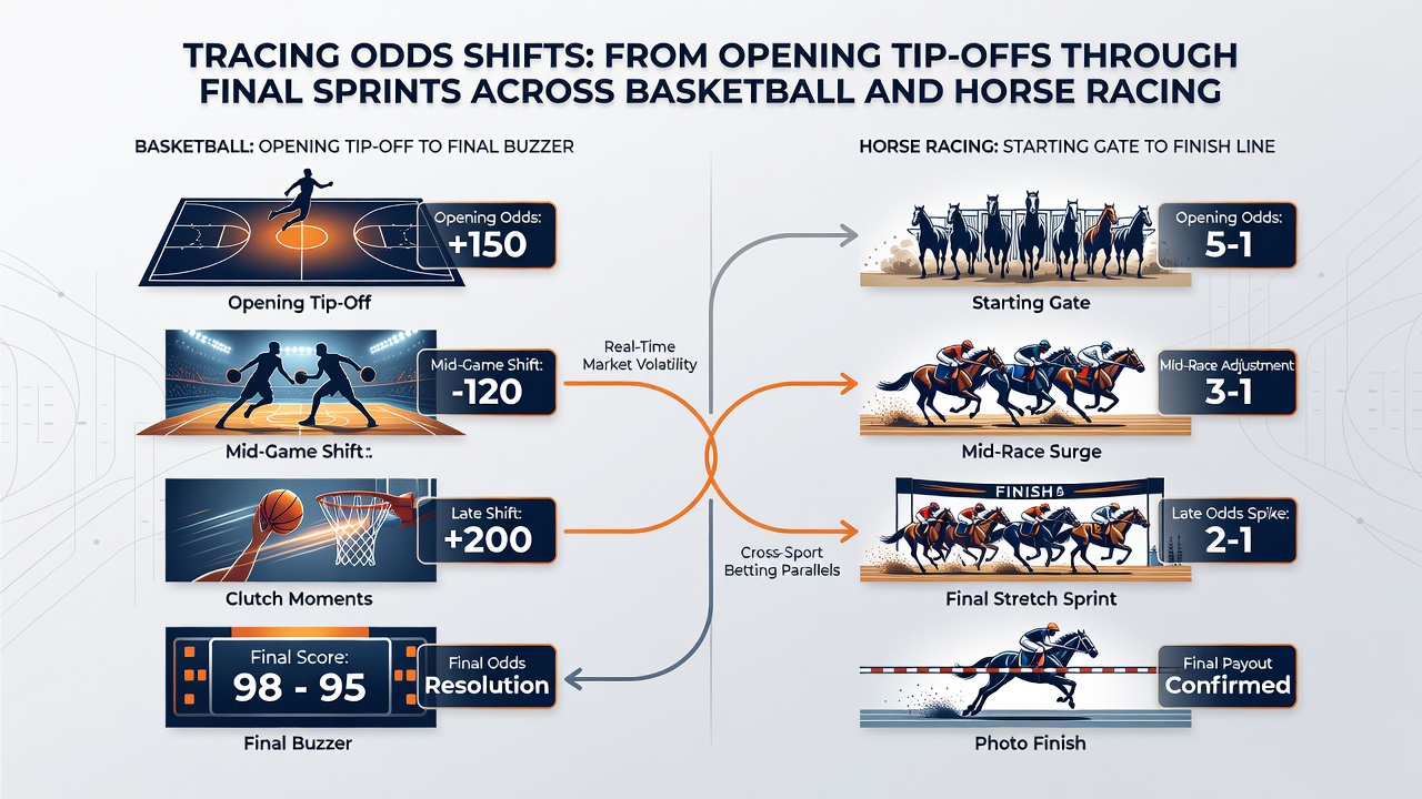 Live betting interface displaying shifting odds during a basketball quarter and a horse race stretch run