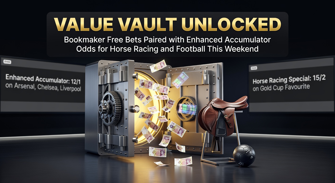 Horse racing action at a UK track with punters checking odds on their phones, highlighting bookmaker promotions for accumulators and free bets