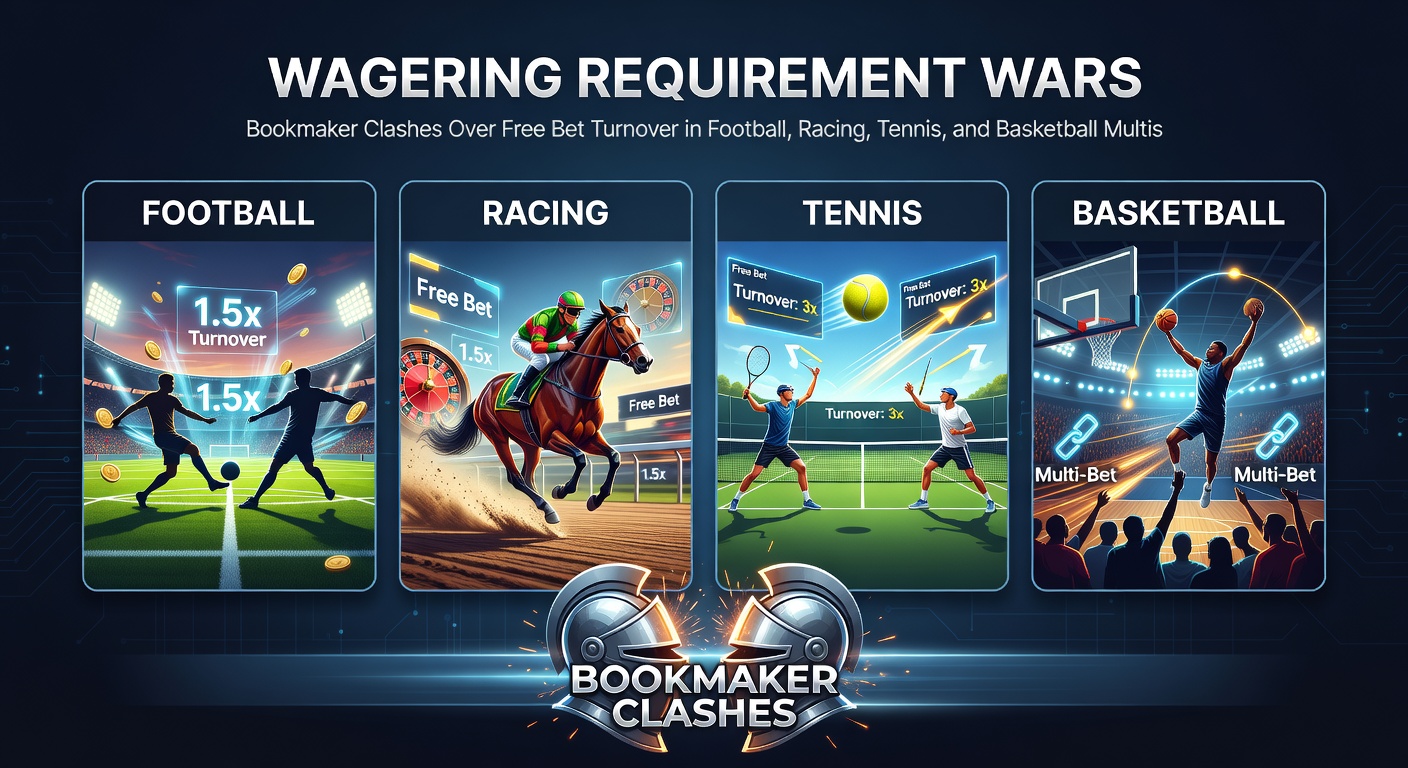 Graphic showing bookmaker logos clashing over wagering requirement icons in multi-bet formats across soccer, racing, tennis, and basketball