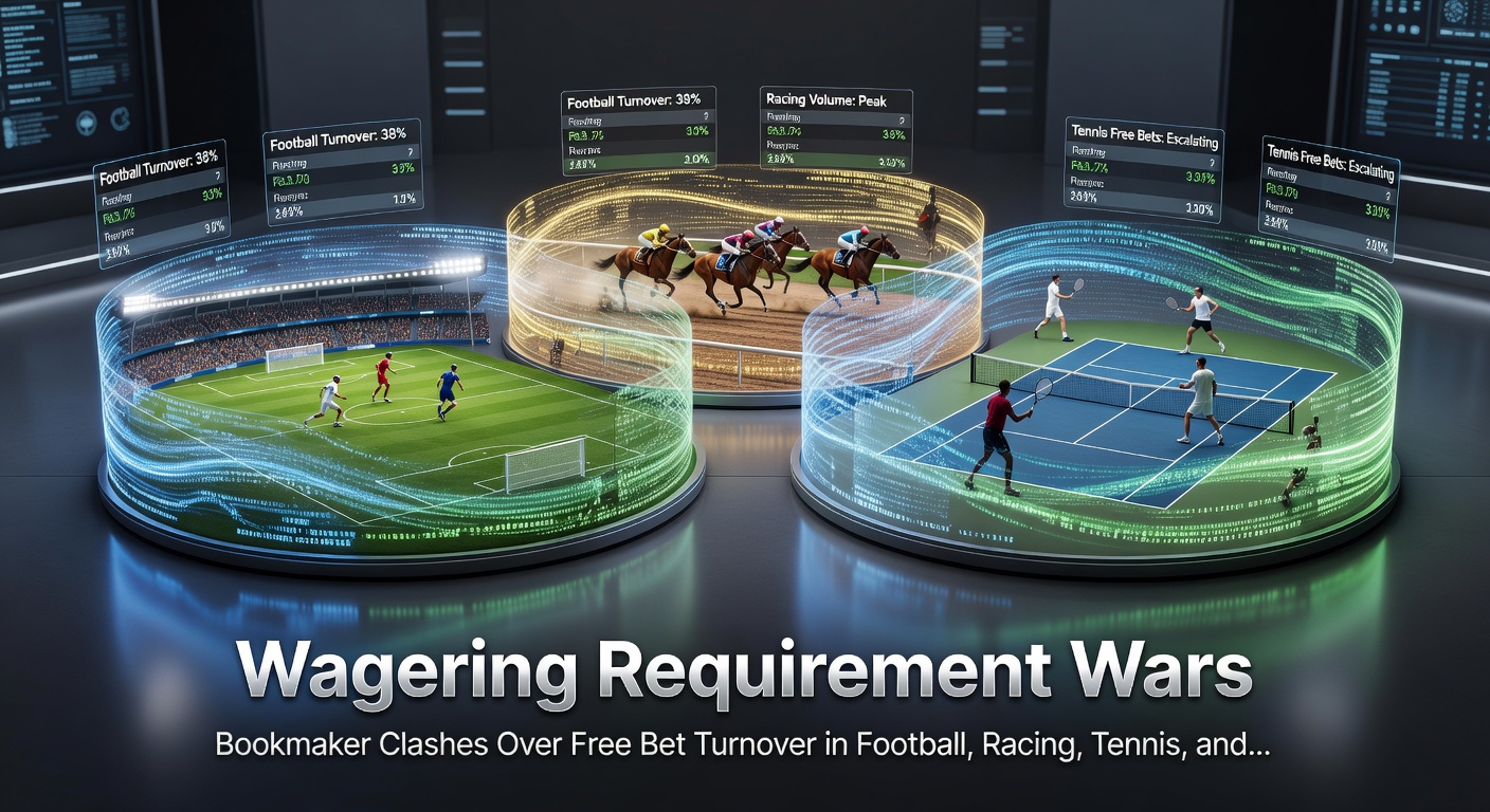 Split-screen comparison of wagering requirement charts for multi-bets in soccer, horse racing, tennis matches, and basketball games from leading bookmakers