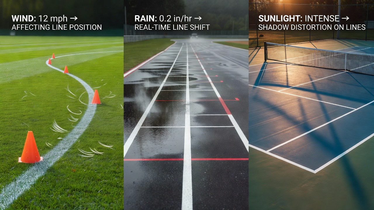 Weather conditions affecting football pitch during a match with betting lines visible on screens
